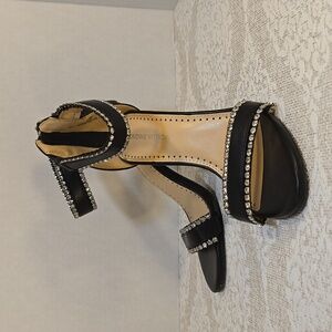 Womens Black Adrienne Vittadini Gracy Rhinestone Open Toe Strappy Heels Size 7M